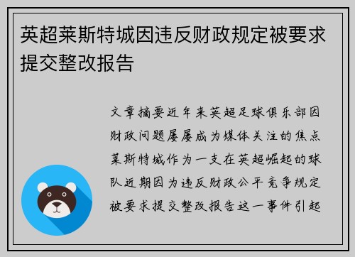 英超莱斯特城因违反财政规定被要求提交整改报告